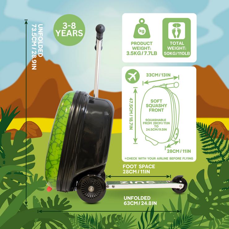 Zinc Flyte Darwin the Dinosaur Scooter Suitcase - Children's Luggage - Zinc Flyte Australia
